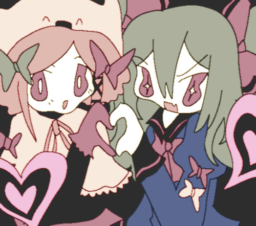 my artwork of charlie and lime from witch's heart holding hands, surrounded by hearts